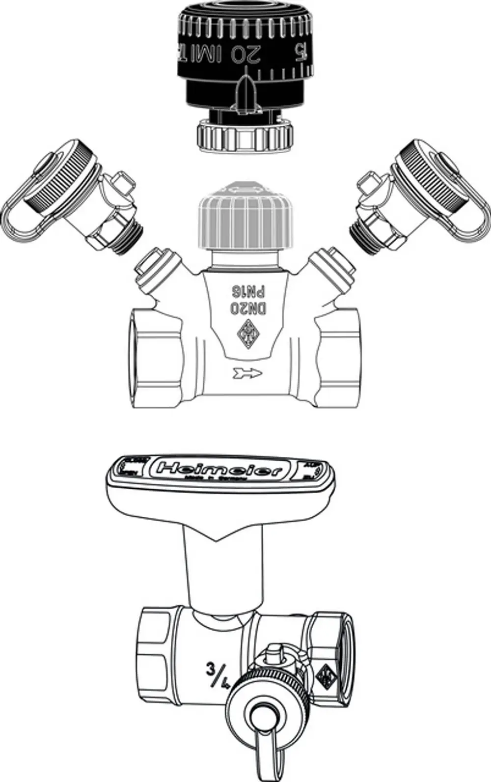 Schema eines Strangventils mit Handrad, Entleerung und Anschlussdetails, hergestellt von IMI Hydronic Engineering, um eine kontrollierte Wasserableitung zu ermöglichen.